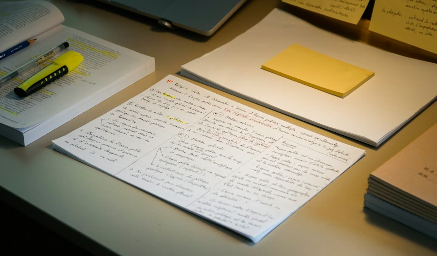 Pages of handwritten notes with a highlighter and sticky notes on a desk